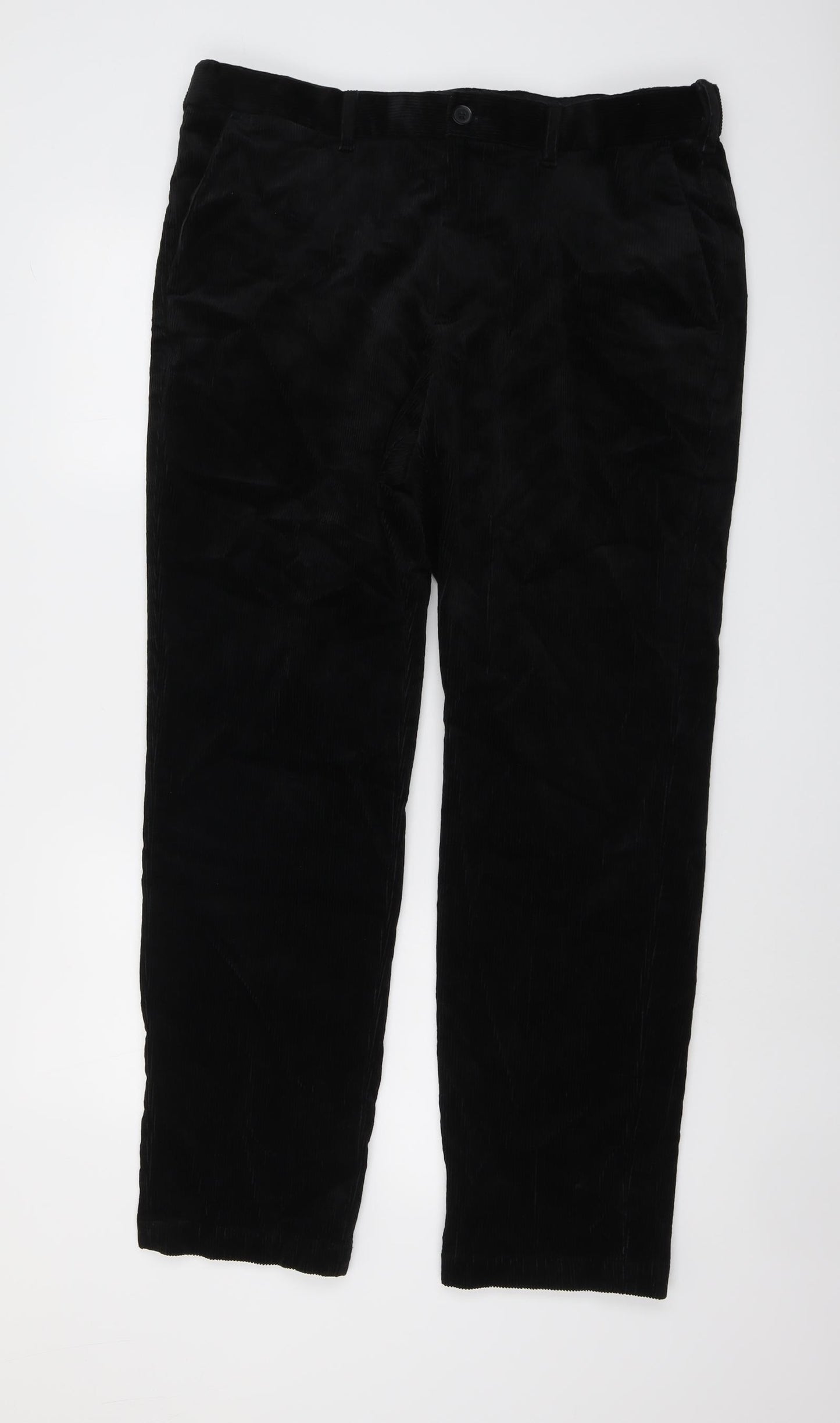 Marks and Spencer Mens Black Cotton Trousers Size 36 in L31 in Regular Button