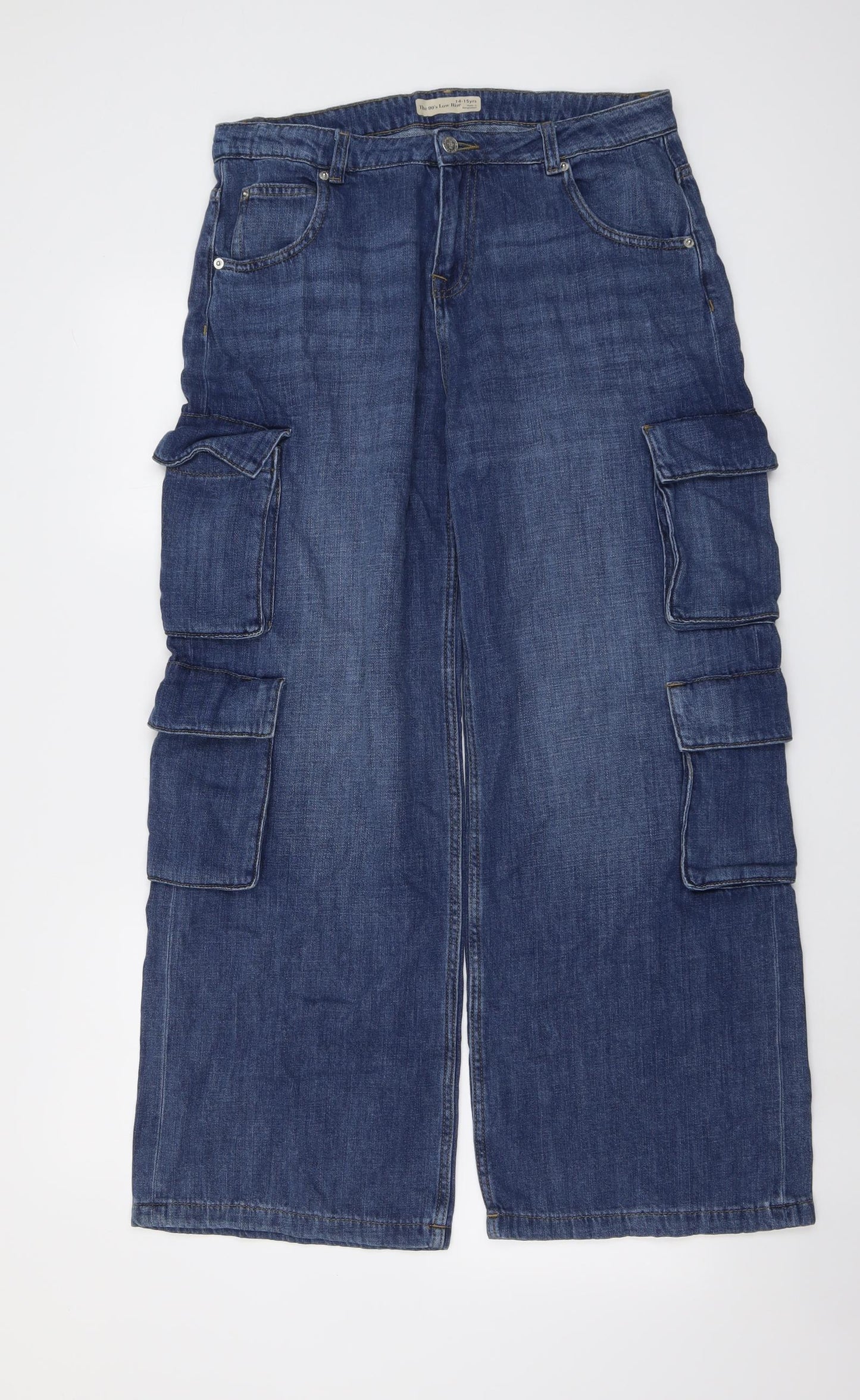 Marks and Spencer Girls Blue Cotton Wide-Leg Jeans Size 14-15 Years Regular Button - Cargo