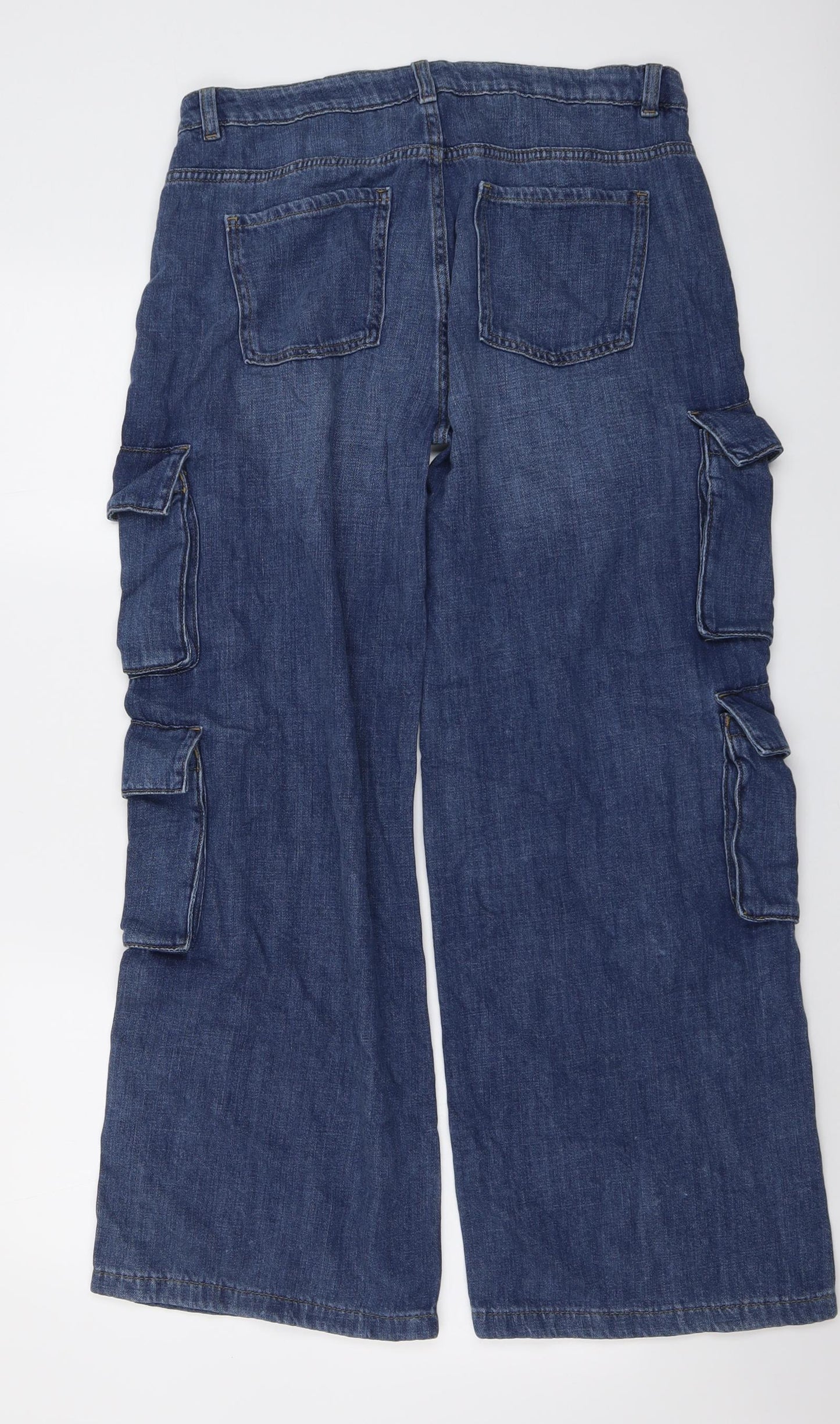 Marks and Spencer Girls Blue Cotton Wide-Leg Jeans Size 14-15 Years Regular Button - Cargo