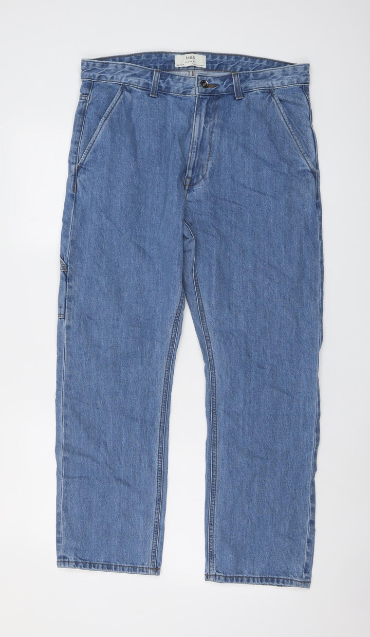 Marks and Spencer Mens Blue Cotton Straight Jeans Size 32 in L33 in Regular Button