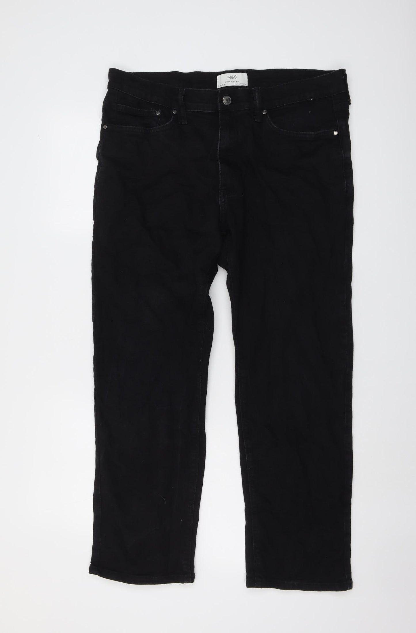 Marks and Spencer Mens Black Cotton Straight Jeans Size 34 in L29 in Regular Button