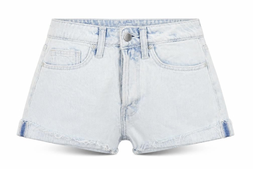 Front view of H&M women’s blue cotton hot pants shorts, size UK 4, 3-inch leg regular button