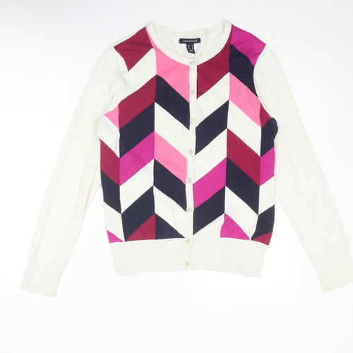 Lands' End Womens Multicoloured Round Neck Geometric Cotton Cardigan Jumper Size S