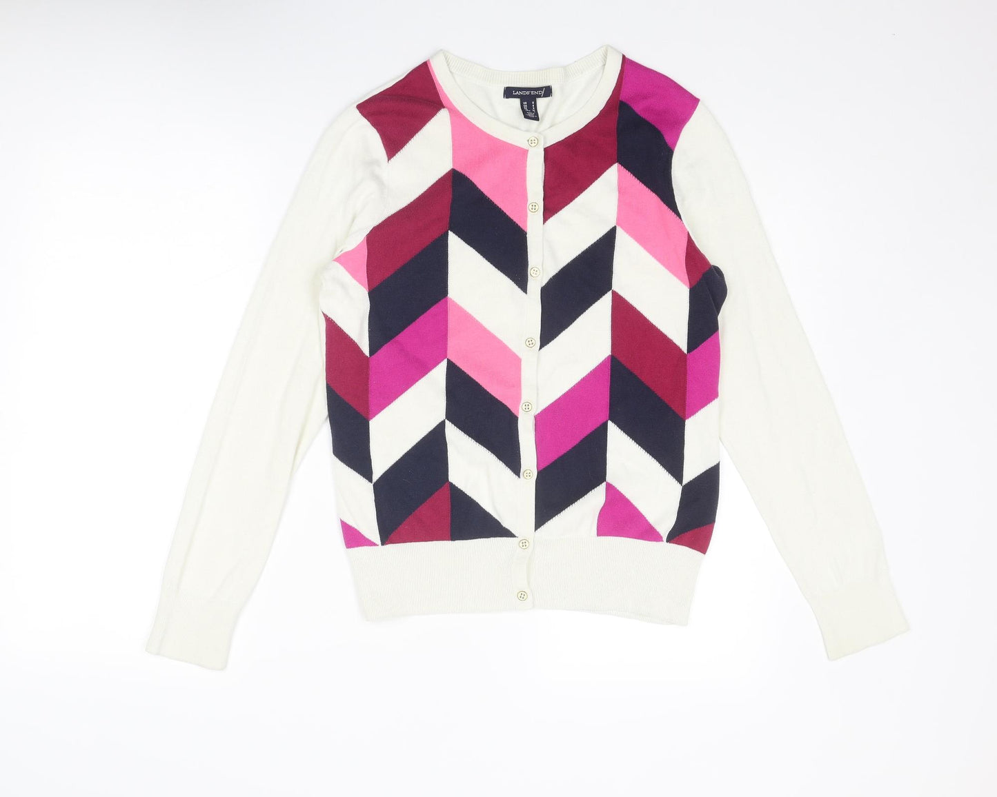 Lands' End Womens Multicoloured Round Neck Geometric Cotton Cardigan Jumper Size S