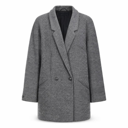 Front view of French Connection women’s blue overcoat coat, size UK 12, button