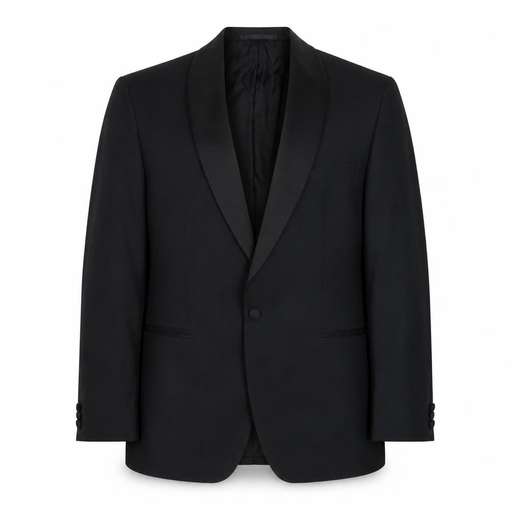 Front view of St Michael men’s black wool tuxedo suit jacket, size 40, regular