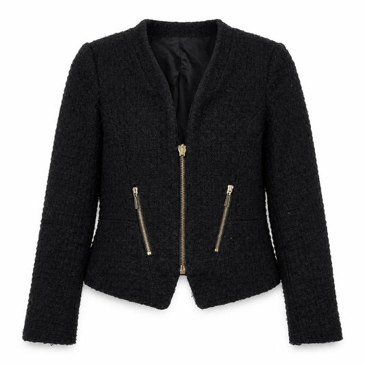 Front view of Cubus women’s black jacket, size UK 6, zip