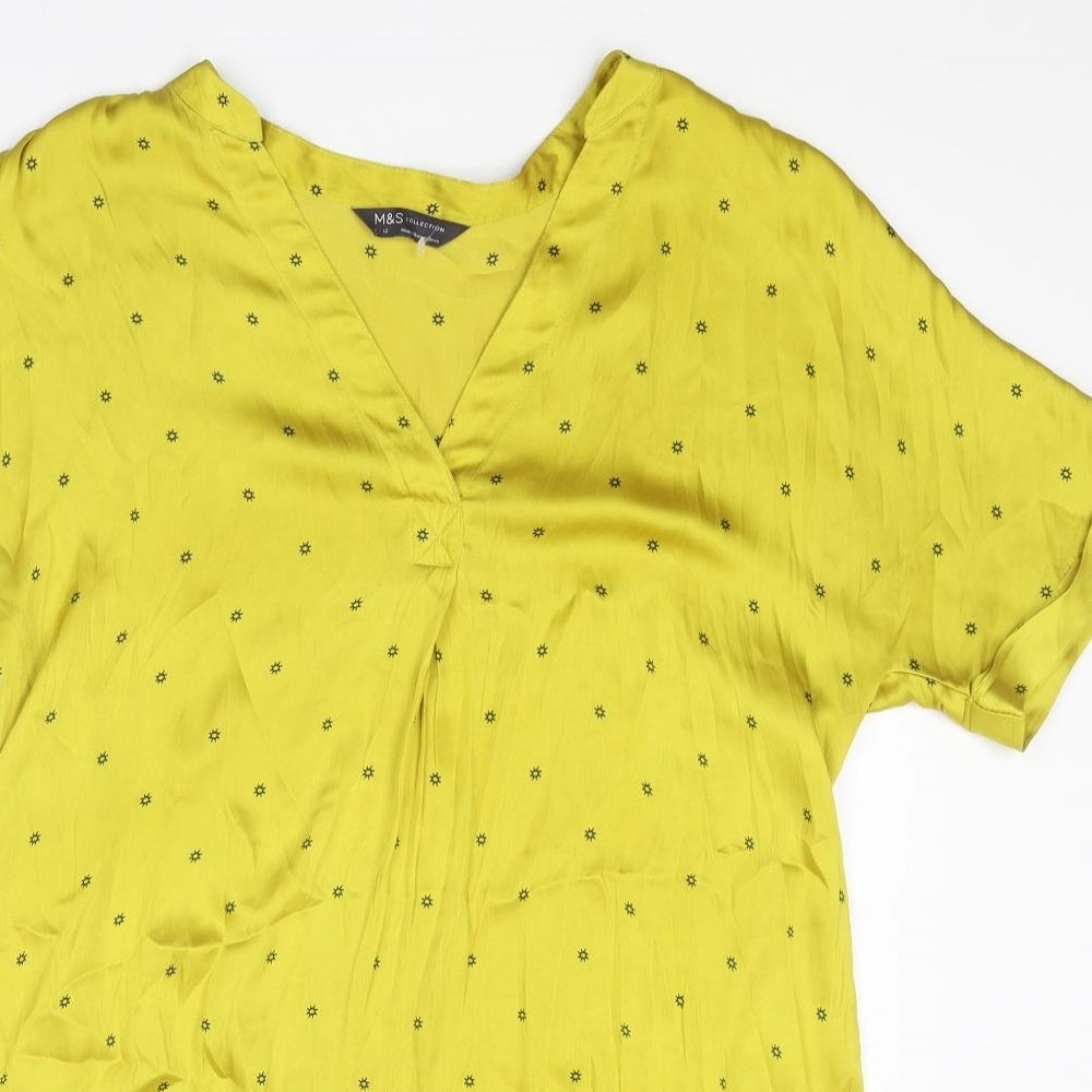 Marks and Spencer Womens Yellow Geometric Polyester Basic Blouse Size 12 V-Neck - Sun