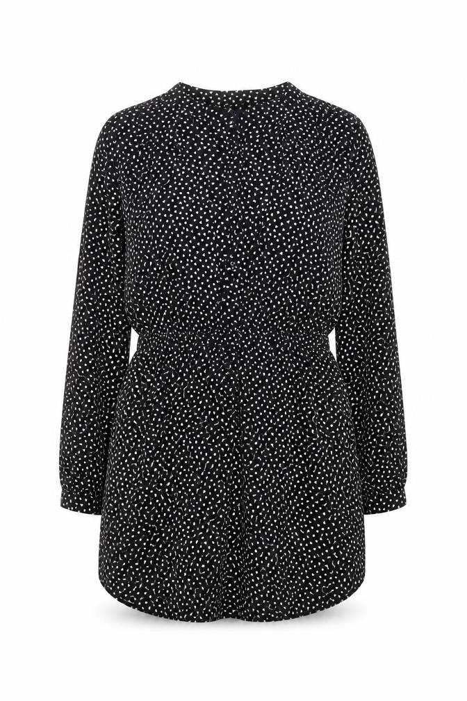 Front view of Gap women’s black geometric viscose mini, size S, v-neck button