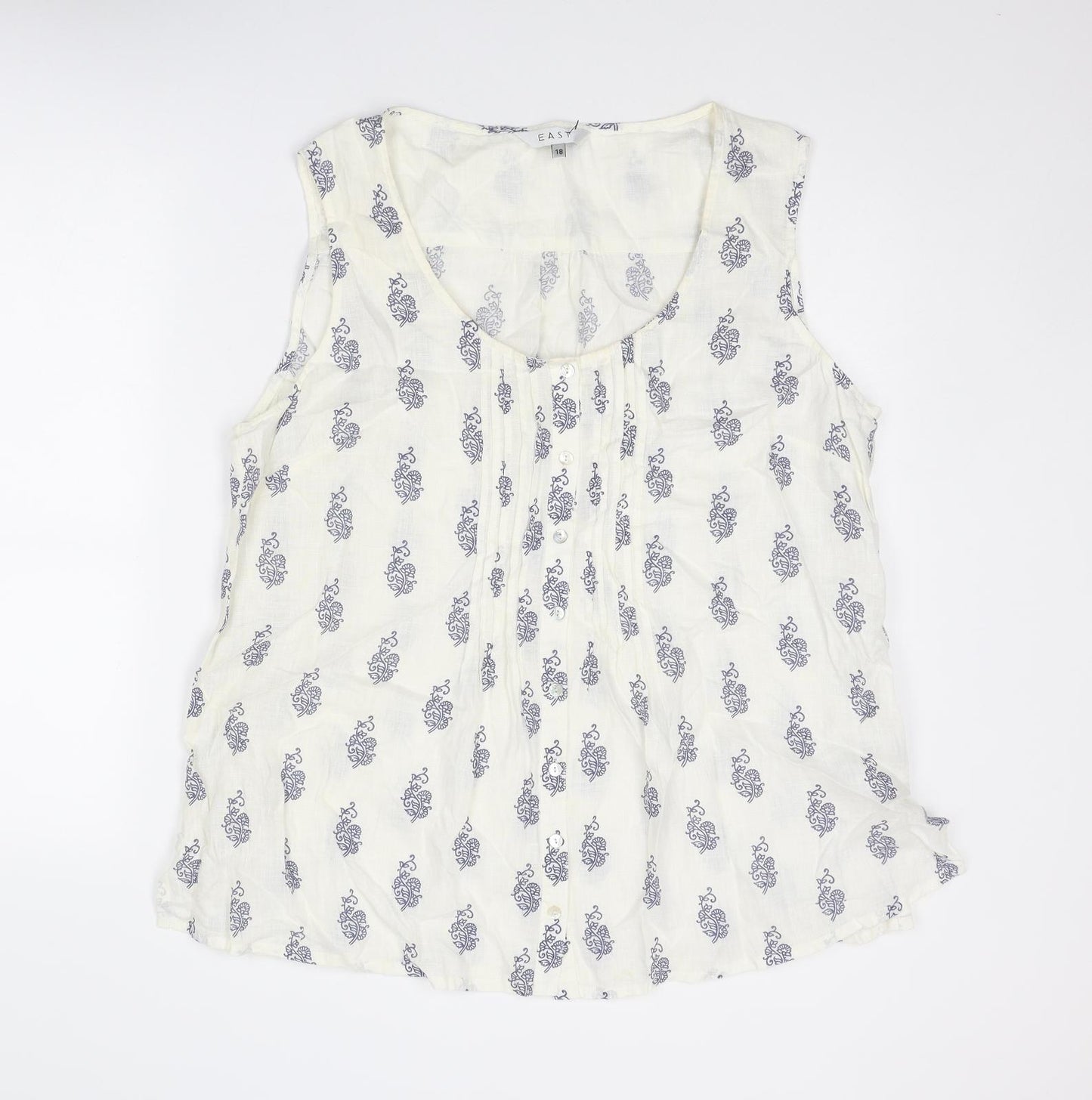 EAST Womens White Geometric Linen Basic Tank Size 18 Round Neck