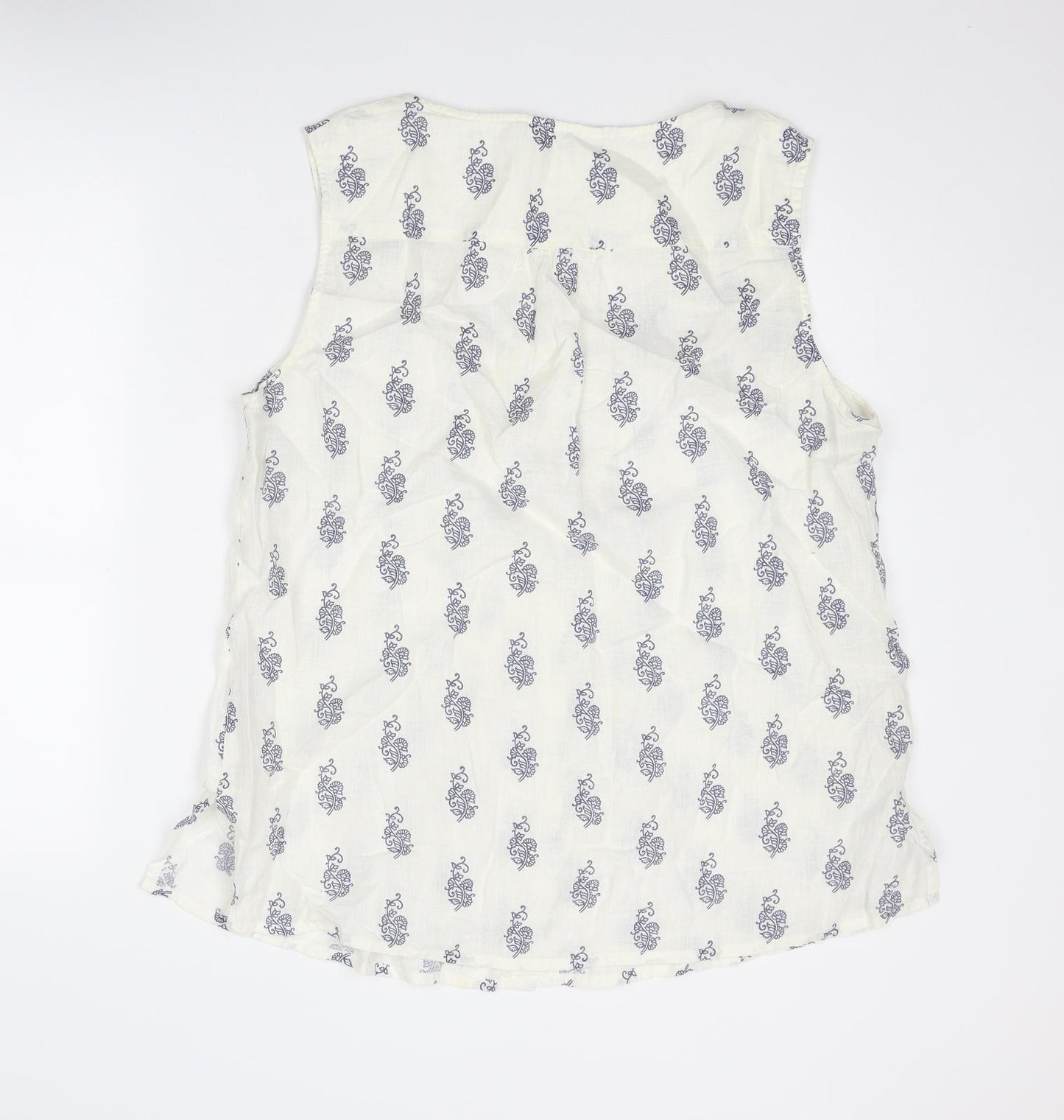 EAST Womens White Geometric Linen Basic Tank Size 18 Round Neck