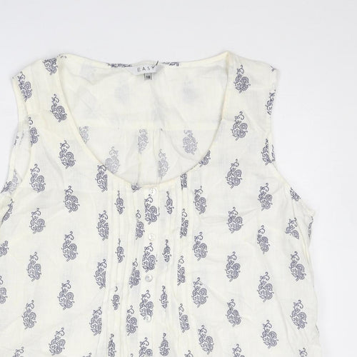 EAST Womens White Geometric Linen Basic Tank Size 18 Round Neck