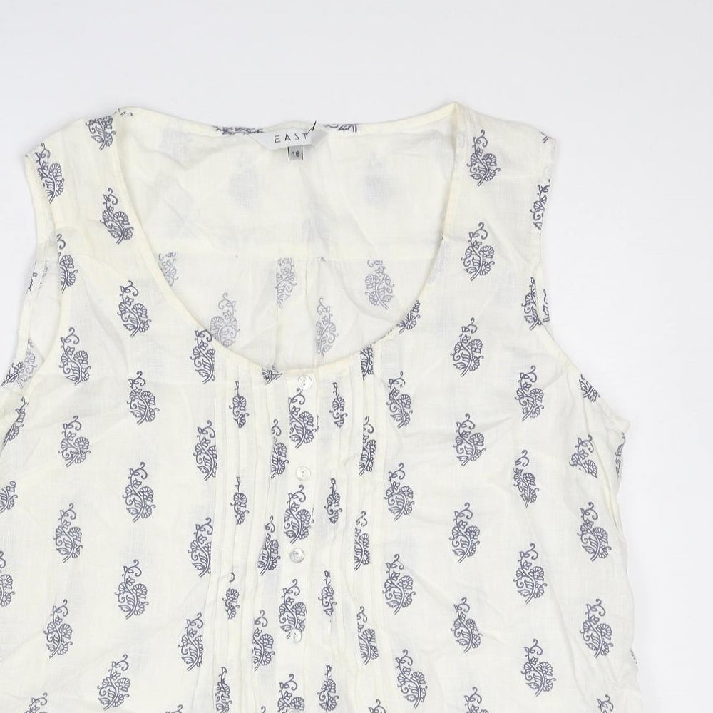 EAST Womens White Geometric Linen Basic Tank Size 18 Round Neck