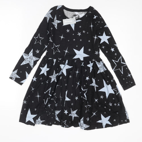 Blue Zoo Girls Black Geometric Cotton T-Shirt Dress Size 8-9 Years Boat Neck Pullover - Star Print