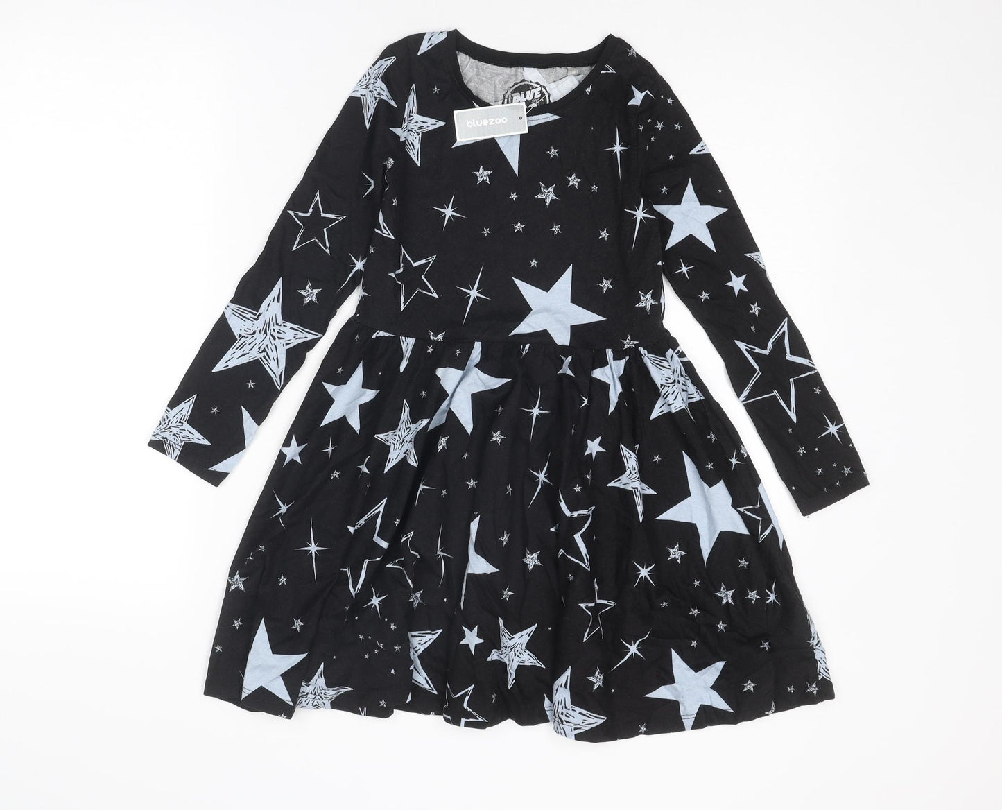 Blue Zoo Girls Black Geometric Cotton T-Shirt Dress Size 8-9 Years Boat Neck Pullover - Star Print