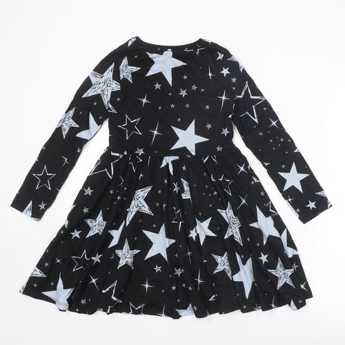 Blue Zoo Girls Black Geometric Cotton T-Shirt Dress Size 8-9 Years Boat Neck Pullover - Star Print