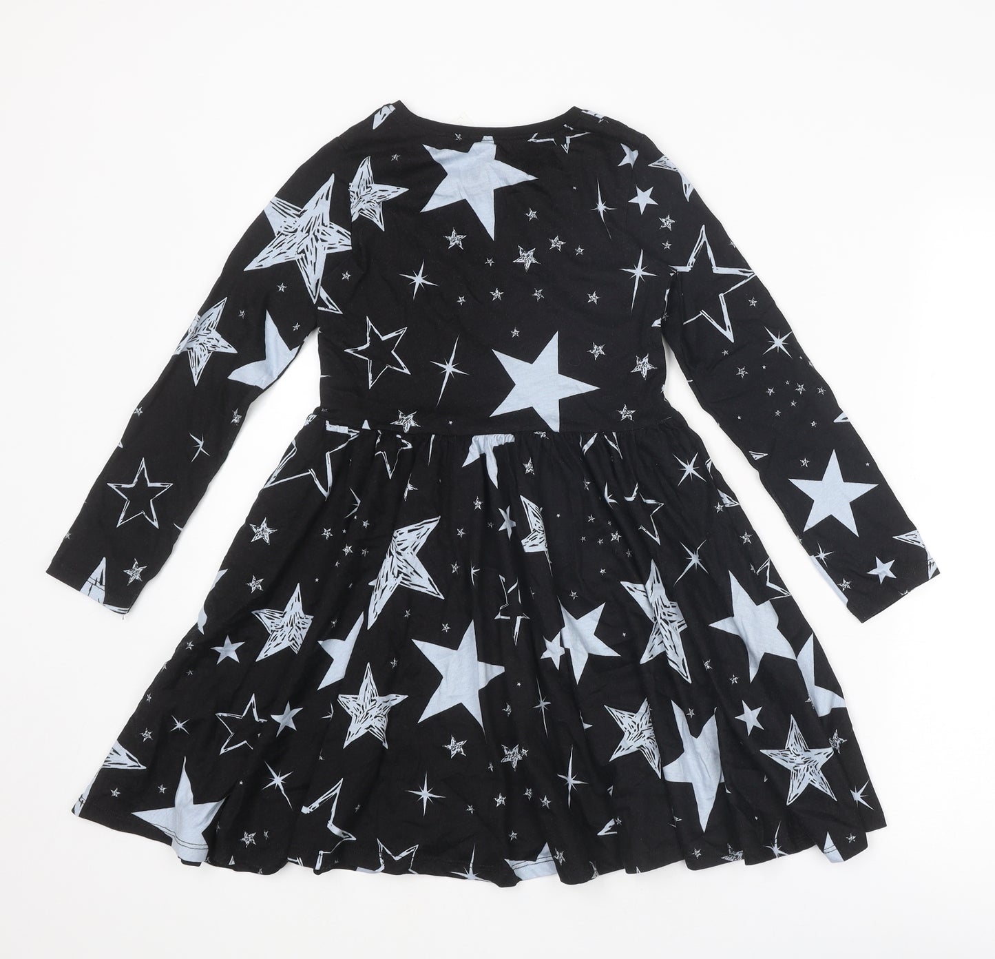 Blue Zoo Girls Black Geometric Cotton T-Shirt Dress Size 8-9 Years Boat Neck Pullover - Star Print