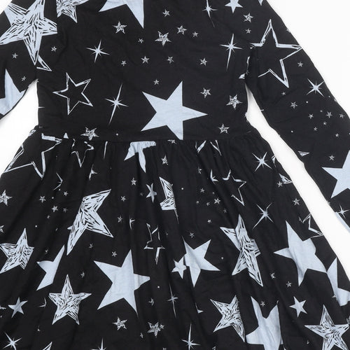 Blue Zoo Girls Black Geometric Cotton T-Shirt Dress Size 8-9 Years Boat Neck Pullover - Star Print