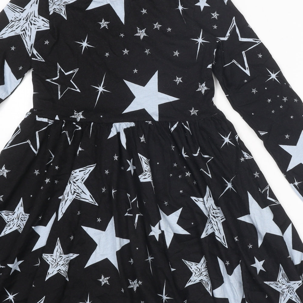 Blue Zoo Girls Black Geometric Cotton T-Shirt Dress Size 8-9 Years Boat Neck Pullover - Star Print