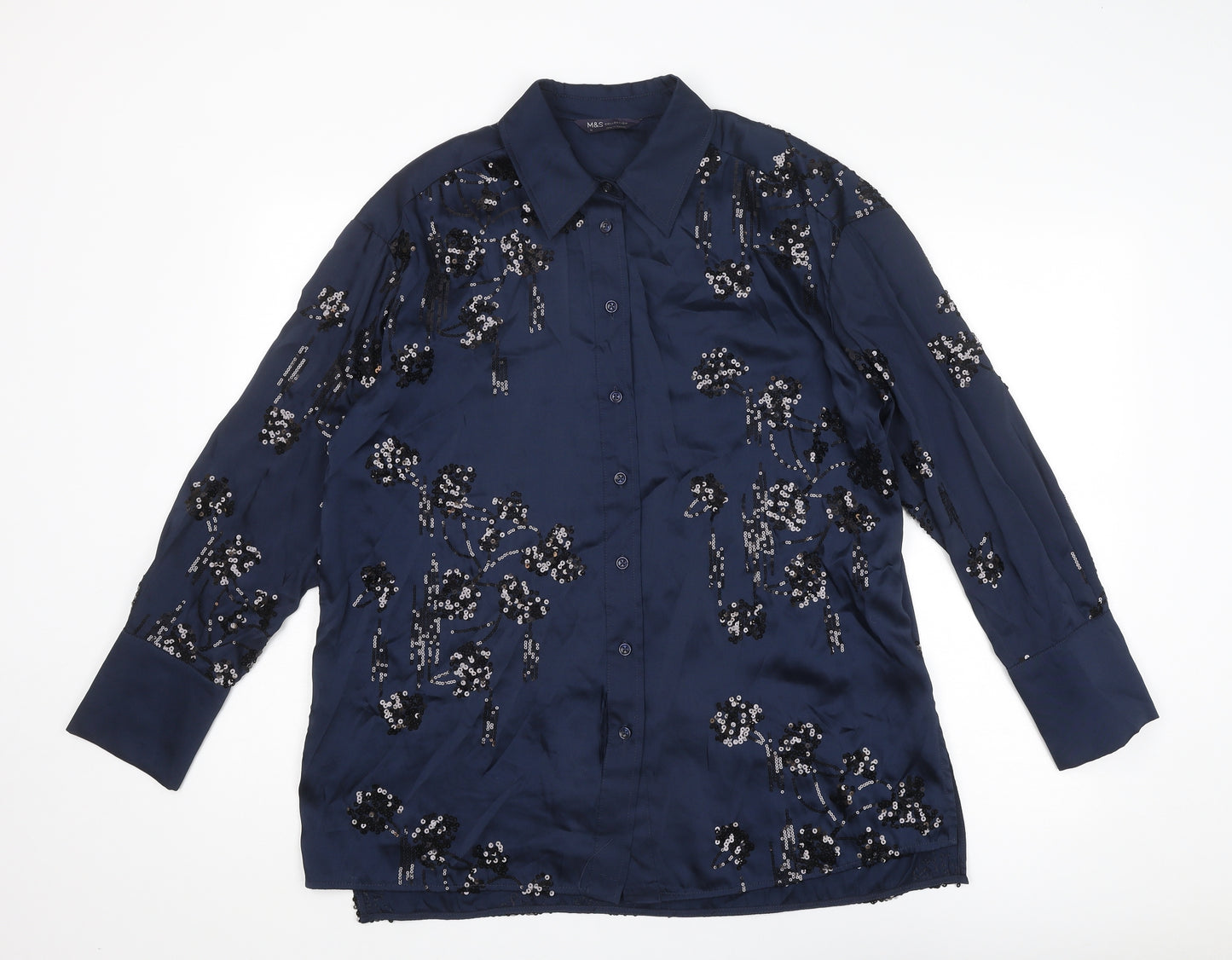 Marks and Spencer Womens Blue Polyester Basic Button-Up Size 14 Collared