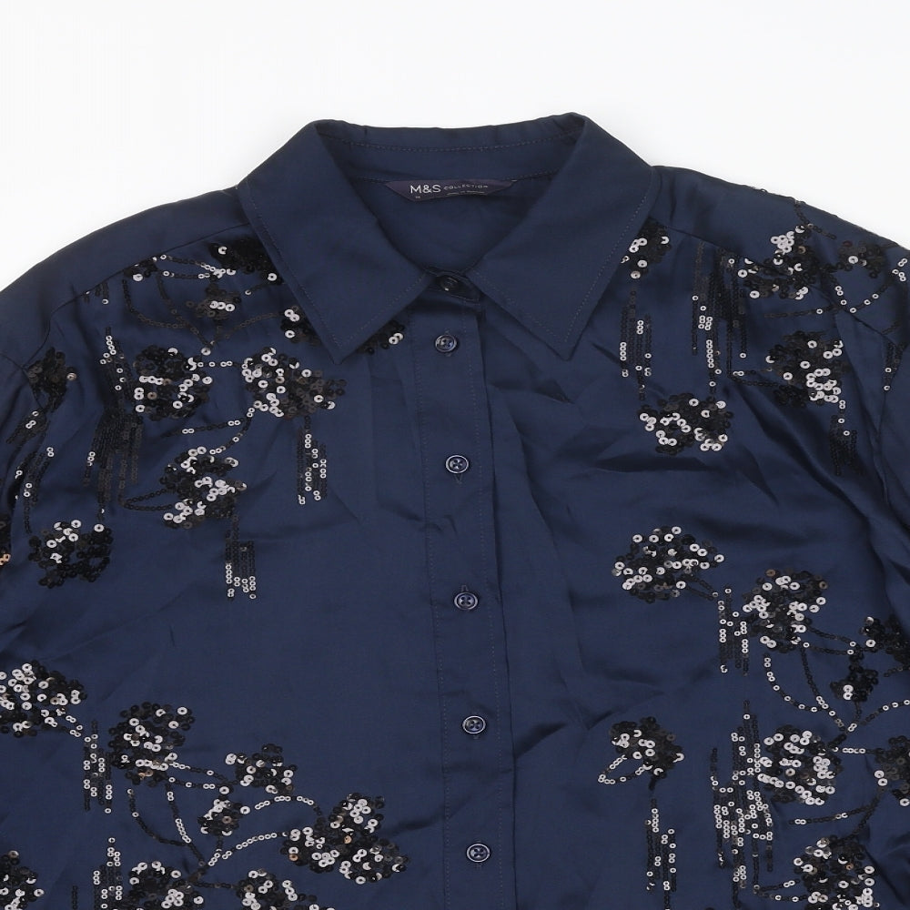 Marks and Spencer Womens Blue Polyester Basic Button-Up Size 14 Collared