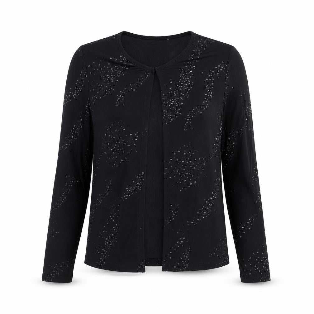Front view of BHS women’s black geometric polyester basic blouse, size UK 12, round neck