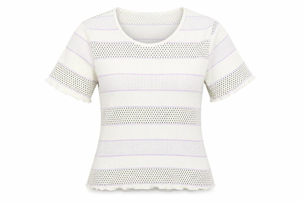 Front view of Klass women’s white geometric polyester basic t-shirt, size M, scoop neck