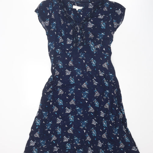 RJR.John Rocha Womens Blue Geometric Viscose A-Line Size 10 V-Neck Pullover - Bird Print