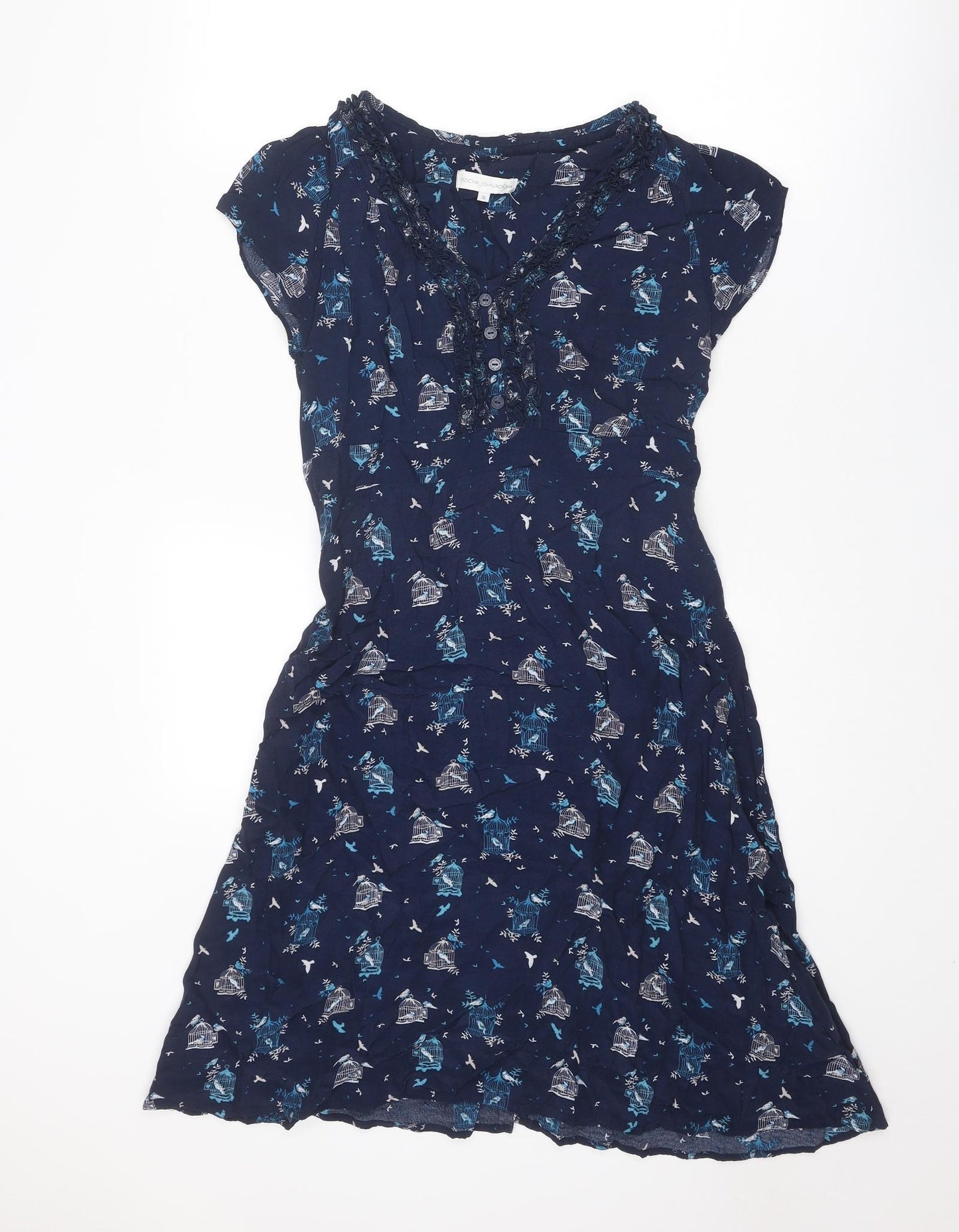RJR.John Rocha Womens Blue Geometric Viscose A-Line Size 10 V-Neck Pullover - Bird Print