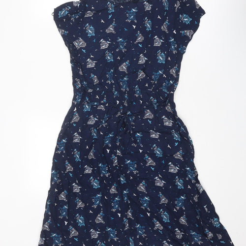 RJR.John Rocha Womens Blue Geometric Viscose A-Line Size 10 V-Neck Pullover - Bird Print