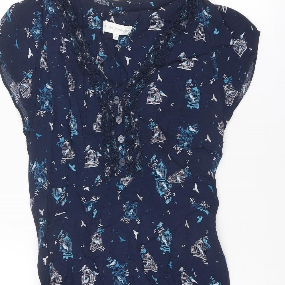 RJR.John Rocha Womens Blue Geometric Viscose A-Line Size 10 V-Neck Pullover - Bird Print