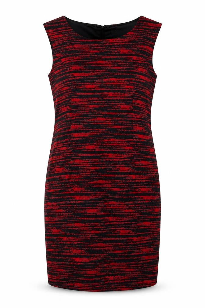 Front view of Solo women’s red striped polyester shift, size UK 10, boat neck zip