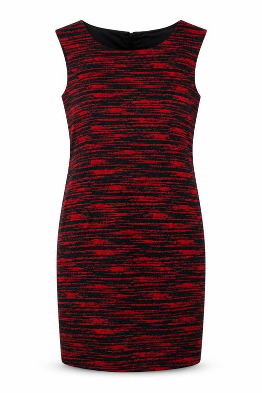 Front view of Solo women’s red striped polyester shift, size UK 10, boat neck zip
