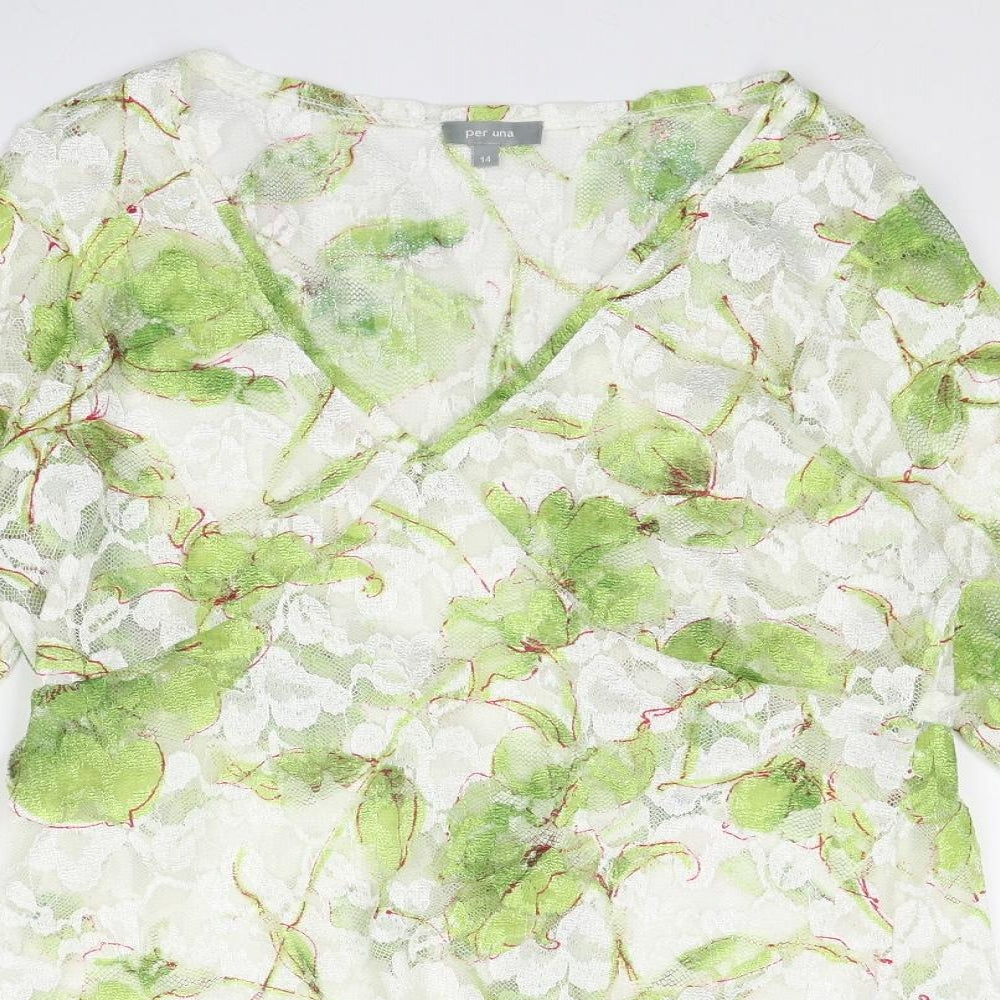 Per Una Womens Green Geometric Polyester Basic Blouse Size 14 V-Neck