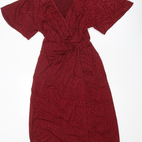 New Look Womens Red Animal Print Viscose A-Line Size 6 V-Neck Pullover - Leopard Print