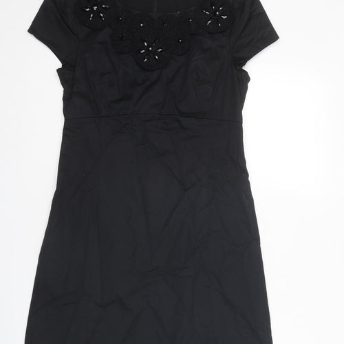 Oasis Womens Black Cotton Shift Size 10 Boat Neck Zip - Embellished