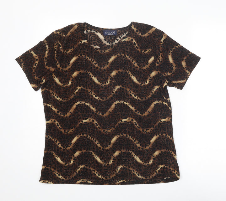 Saloos Womens Brown Geometric Nylon Basic T-Shirt Size L Round Neck