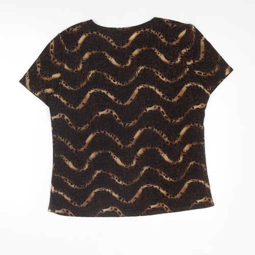 Saloos Womens Brown Geometric Nylon Basic T-Shirt Size L Round Neck