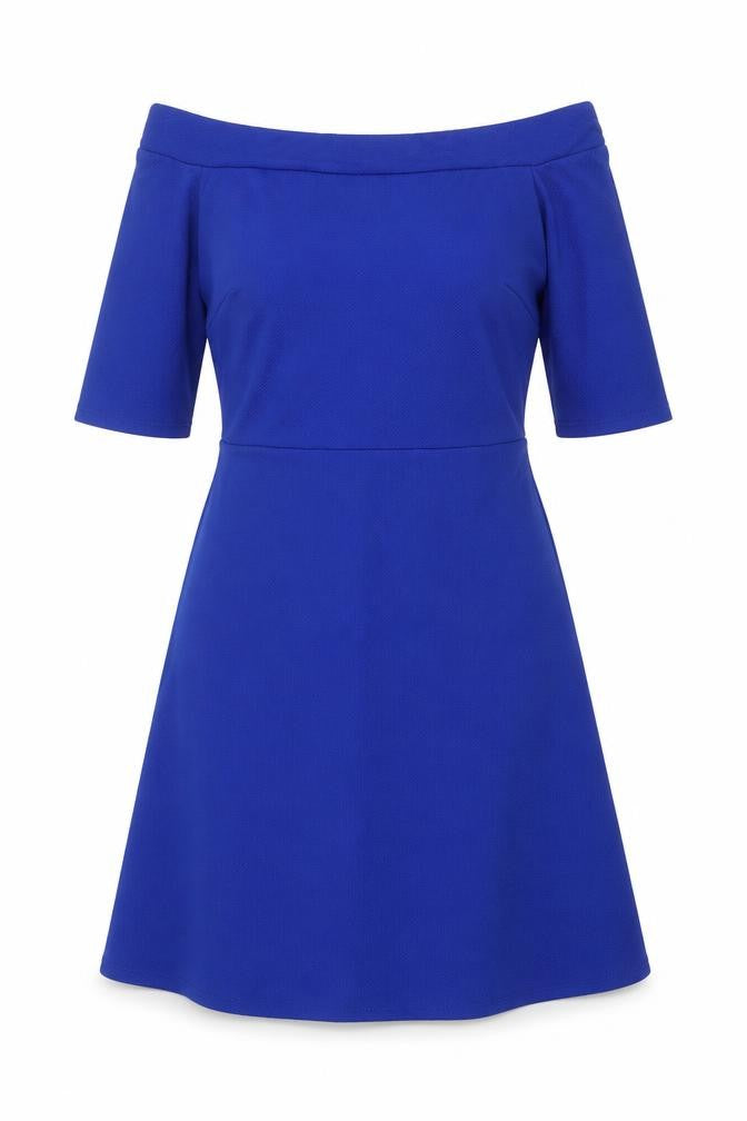 Front view of Anthology women’s blue polyester a-line, size UK 12, off the shoulder pullover