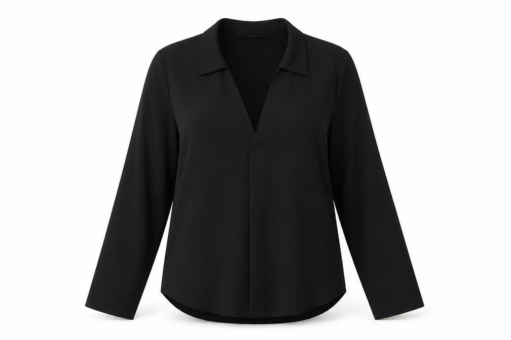 Front view of Zara women’s black polyester basic blouse, size S, v-neck