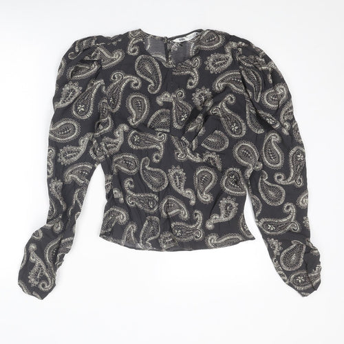 Zara Womens Grey Paisley Modal Basic Blouse Size S Round Neck