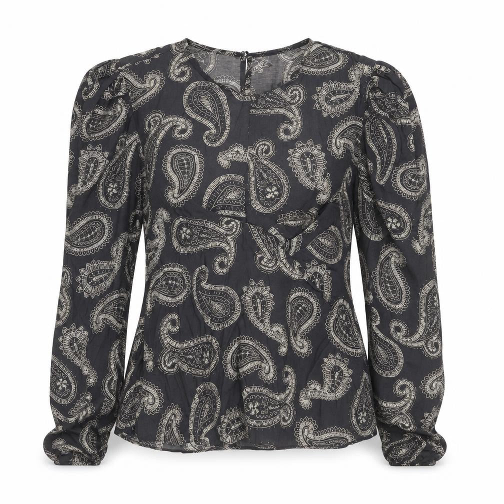 Front view of Zara women’s grey paisley modal basic blouse, size S, round neck