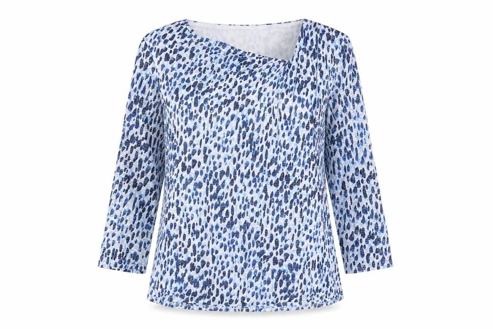 Front view of Classics women’s blue geometric polyester basic blouse, size UK 10, v-neck - asymmetric neckline