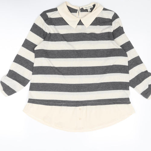 Faith & Joy Womens Ivory Collared Striped Polyester Pullover Jumper Size M