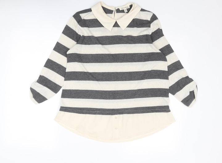 Faith & Joy Womens Ivory Collared Striped Polyester Pullover Jumper Size M