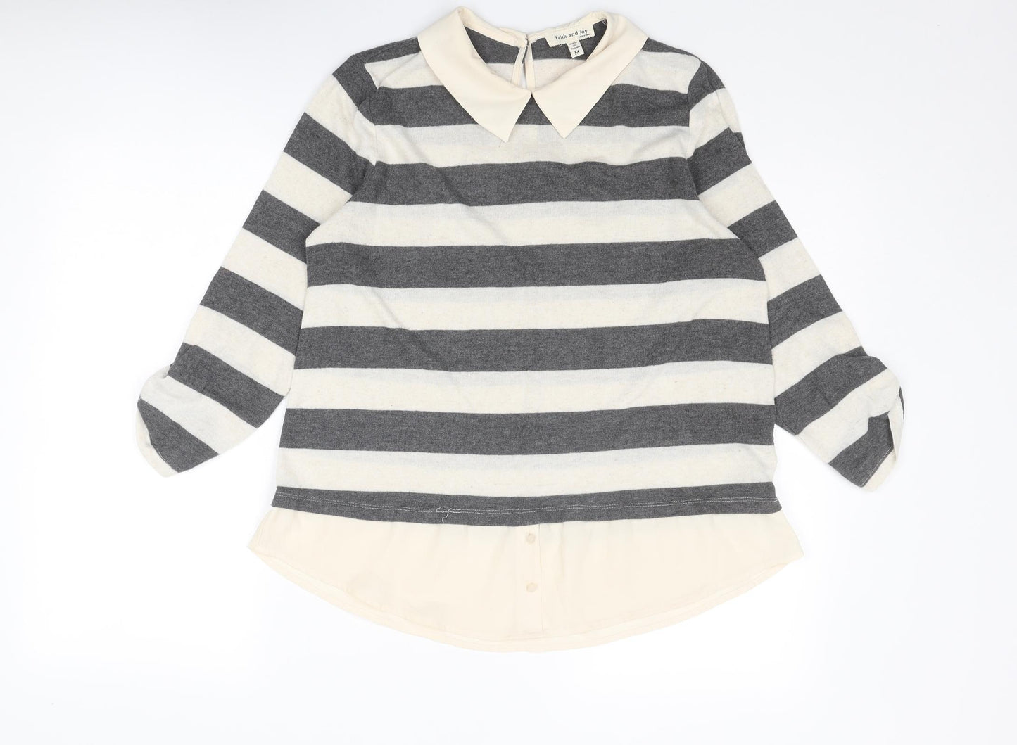 Faith & Joy Womens Ivory Collared Striped Polyester Pullover Jumper Size M