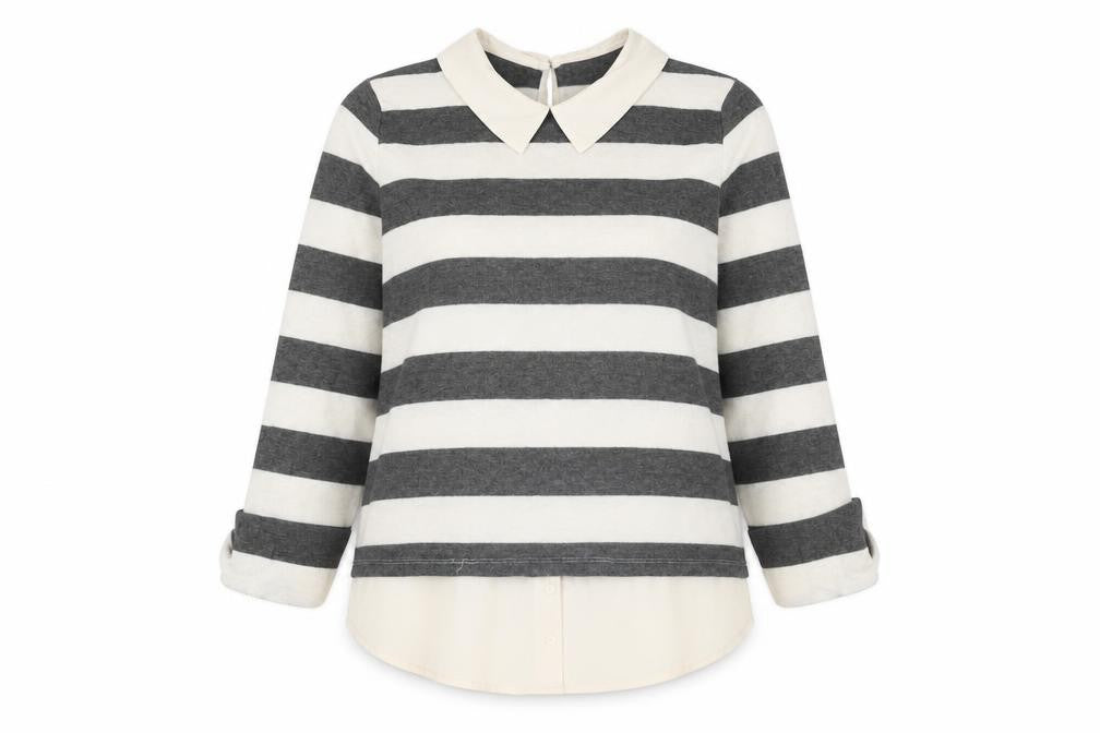 Front view of Faith & Joy women’s ivory collared striped polyester jumper, size M