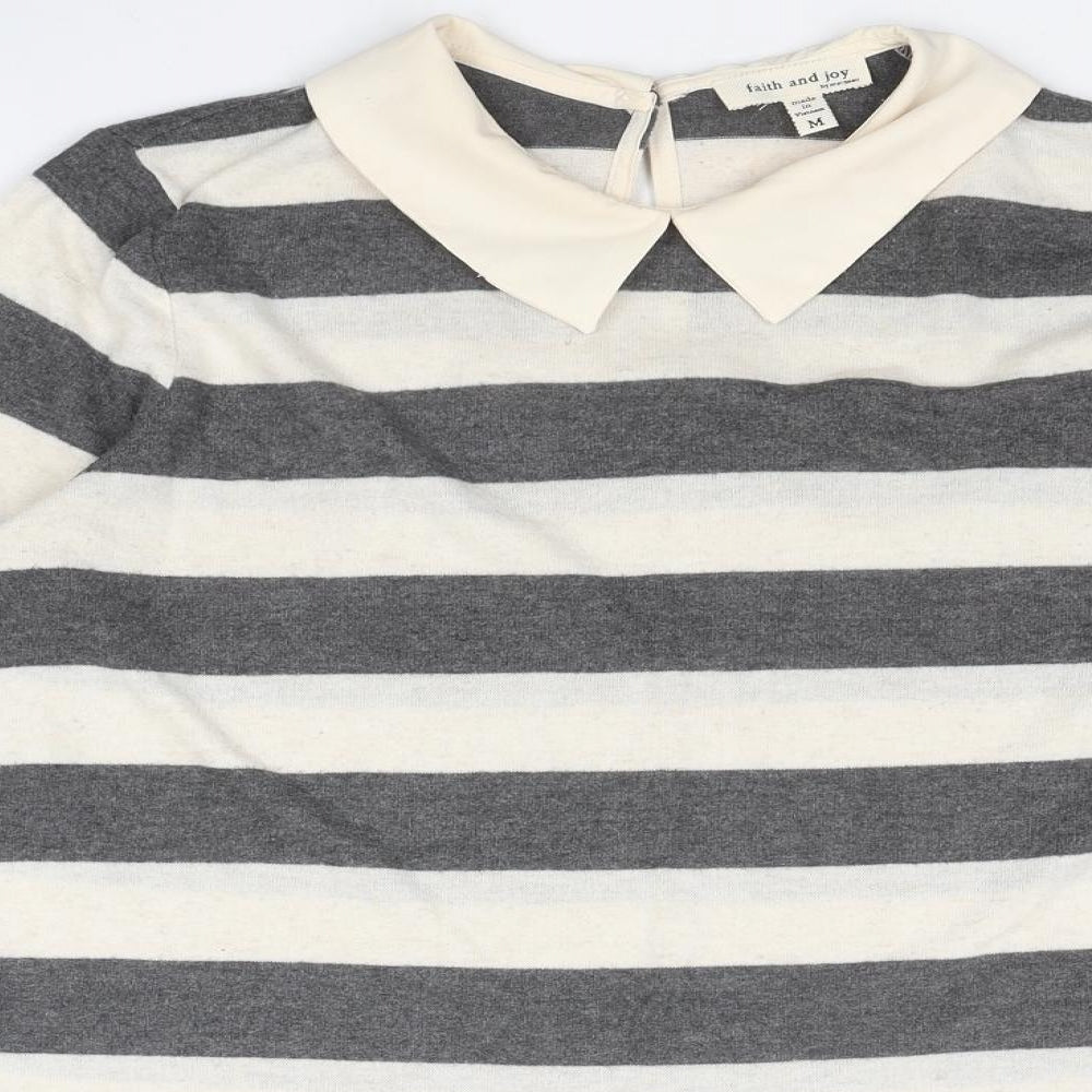 Faith & Joy Womens Ivory Collared Striped Polyester Pullover Jumper Size M