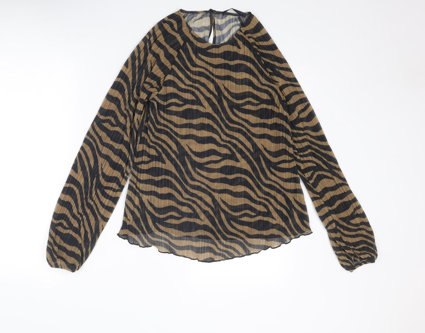 Marks and Spencer Womens Brown Animal Print Polyester Basic Blouse Size 12 Round Neck - Zebra Pattern