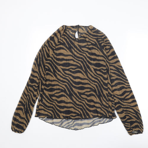 Marks and Spencer Womens Brown Animal Print Polyester Basic Blouse Size 12 Round Neck - Zebra Pattern
